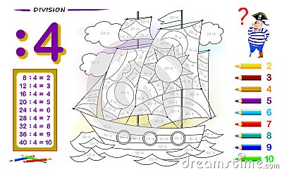 Division by number 4. Math exercises for kids. Paint the picture. Educational page for mathematics book. Vector Illustration