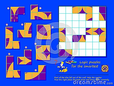 Logic puzzle game for children and adults. Part of tiles fell out of wall. Help the worker, find places and draw all of them. Vector Illustration