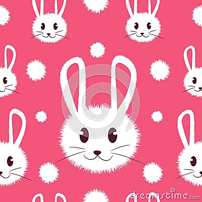 White and cute furry bunny seamless pattern for kids. Kawaii rabbit on a girly baby background for prints, clothes and textures Vector Illustration