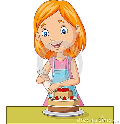 Cartoon girl decorating a cake Vector Illustration
