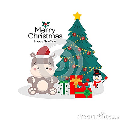 Merry Christmas and Happy New Year card. Cute Hippo in santa hat cartoon. Vector Illustration