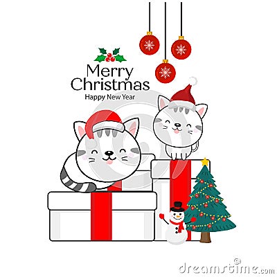 Merry Christmas Greeting Card. Cute cats sitting on a gift box. Vector Illustration