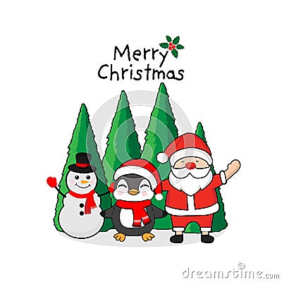 Merry Christmas Greeting Card. Penguin, snowman and Santa claus. Cartoon Illustration