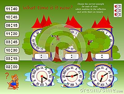 Logic puzzle game for children. What time is it? Choose correct example for each clock which matches to reflection. Vector Illustration