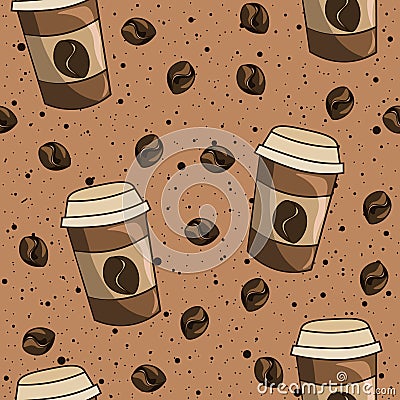 Plastig mugs and coffee beans with liquid splash on the background. Seamless pattern of caffeine, caffee latte mocha on a cup illu Vector Illustration