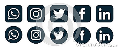Set of popular social media logos icons Instagram Facebook Twitter Youtube WhatsApp pinterest linkedin element vector Editorial Stock Photo