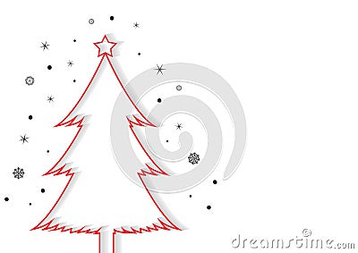 Simple Christmas Background with Red Christmas Tree and Falling Snowflakes and Stars in White Background Stock Photo