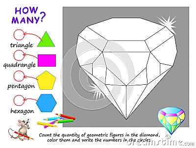 Educational page for children on math. Count the quantity of geometric figures in diamond, color them and write numbers. Vector Illustration