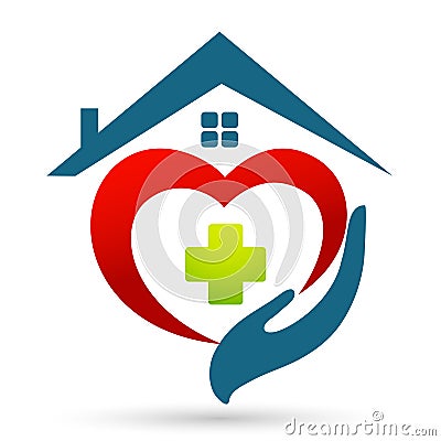 Family Medical home house hand care red heart happiness wellness love clinic protect people life care healthy heart logo design Stock Photo