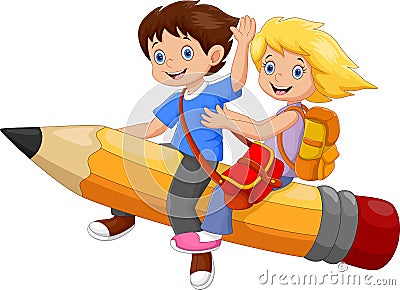 Happy school kids riding a flying pencil Stock Photo