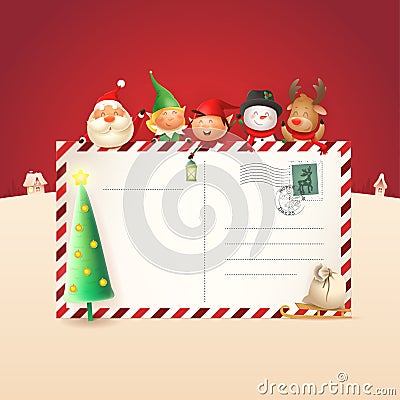 Christmas friends on letter for Santa Claus - template with Santa, Elves girl and boy, Snowman and Reindeer - vector illustration Vector Illustration