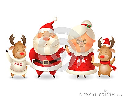 Santa Claus his wife Mrs Claus and two Reindeer celebrate winter holidays - vector illustration isolated on transparent background Vector Illustration