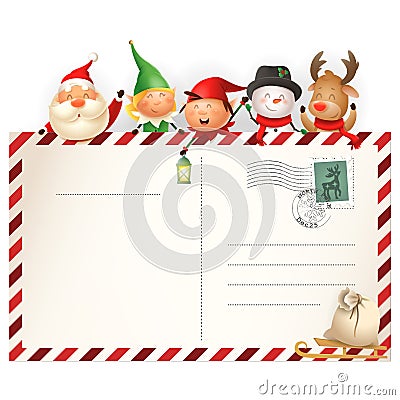 Christmas friends on letter for Santa Claus - template with Santa, Elves girl and boy, Snowman and Reindeer - vector illustration Vector Illustration