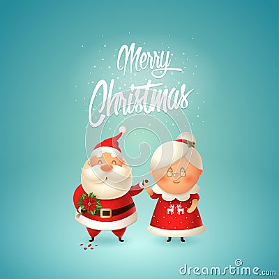 Merry Christmas - Santa with flowers for his wife Mrs Claus - couple in love celebrate winter holidays - vector illustration Vector Illustration
