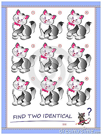 Logical puzzle game for little children. Need to find two identical cats. Educational page for kids. IQ training test. Vector Illustration