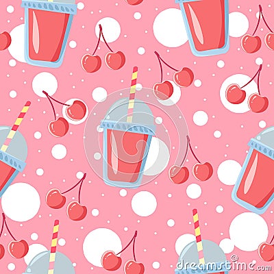 Lemonade juice, beverage with cherries in a transparent cup of tea, seamless patterm. Illustration of summer drink and pink fruits Vector Illustration