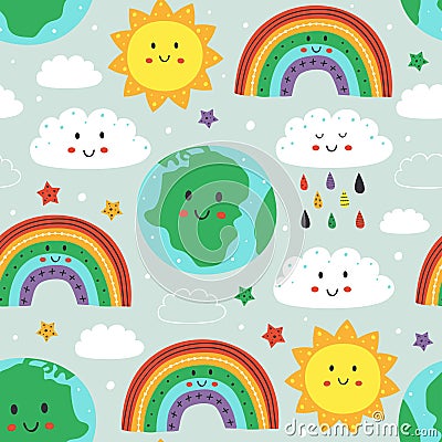 Seamless pattern with cute Earth,cloud, rainbow and sun Vector Illustration