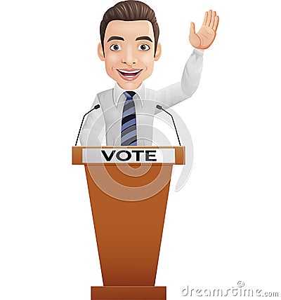 Businessman speaker on presentation podium Vector Illustration