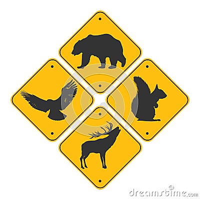 Road signs set of animals . Black color Bear, eagle, deer and squirrel. Stock Photo