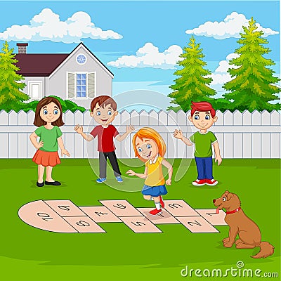 Children playing hopscotch in the park Vector Illustration