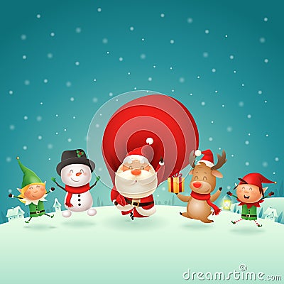 Christmas Friends Elves Santa Snowman and Reindeer celebrate holidays - jumping singing dancing on winter night scene - vector ill Vector Illustration