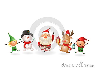 Christmas Friends Elves Santa Snowman and Reindeer celebrate holidays - jumping singing dancing - vector illustration isolated on Vector Illustration