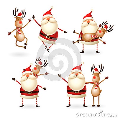 Santa Claus and Reindeer celebrate holidays and friendship - set vector illustrations isolated on transparent background Vector Illustration