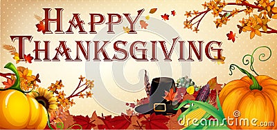 Happy Thanksgiving banner leaves and pumpkins Vector Illustration