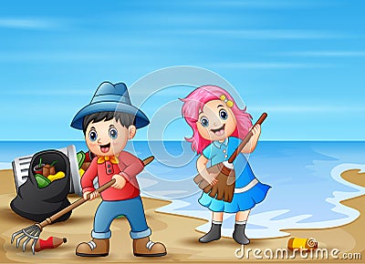 Happy little children cleaning the beach Vector Illustration