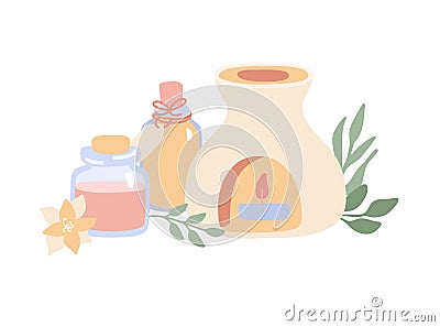 Vector illustration Aromatherapy with incense burner, essential oil bottles, flower and herbs. Vector Illustration