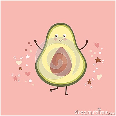 Cute vector illustration of a happy avocado with doodle hearts, stars, and dots. Vector Illustration