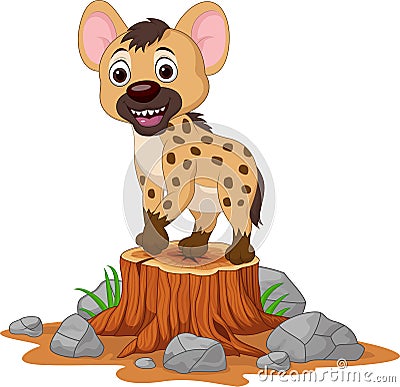 Cartoon baby hyena on tree stump Vector Illustration