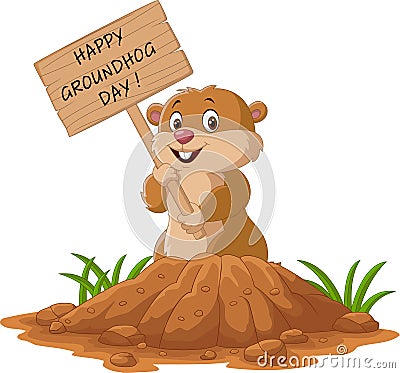 Happy groundhog day. Funny groundhog holding wooden sign Vector Illustration