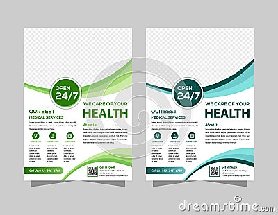 Green medicine brochure for advertising with outline icons Vector Illustration