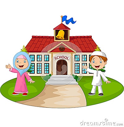 Happy cartoon Muslim kids in front of school building waving hand Vector Illustration