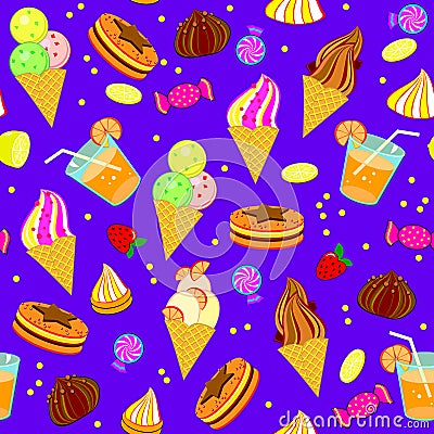 Seamless pattern ornament for kids birthday celebration or fest. Illustration of sweets, ice cream, candies and delicious food. Vector Illustration