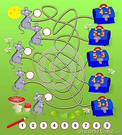 Math education for young children. Solve examples and write numbers in circles. Exercises on addition and subtraction. Vector Illustration