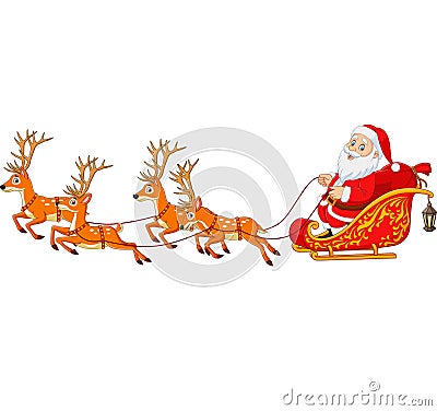 Christmas Cartoon Santa with Reindeer Sleigh Vector Illustration