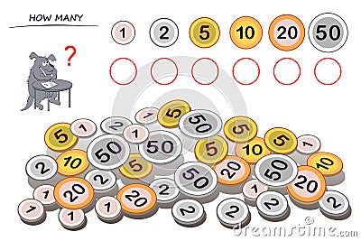 Logic puzzle game for children and adults. Help the dog count quantity of each coin and write numbers in circles. Vector Illustration