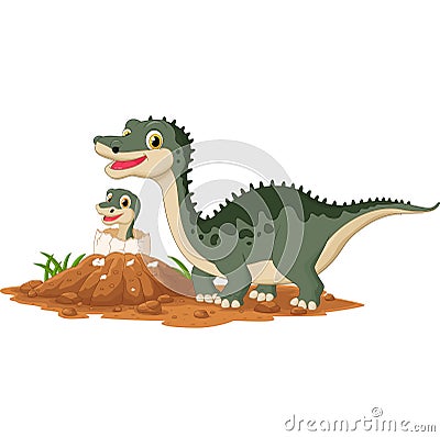 Mother dinosaur with baby hatching Vector Illustration