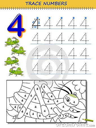 Educational page for kids with number 4. Printable worksheet for children textbook. Vector Illustration