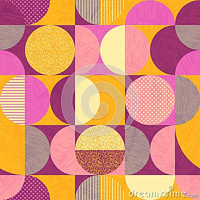 Seamless abstract geometric modern pattern. Retro bauhaus design of circles, squares and textures. Vector Illustration
