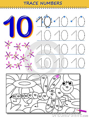 Educational page for kids with number 10. Printable worksheet for children textbook. Vector Illustration