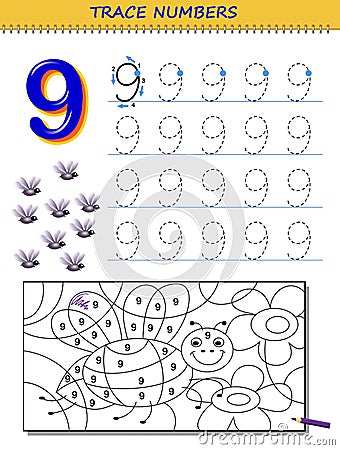 Educational page for kids with number 9. Printable worksheet for children textbook. Vector Illustration