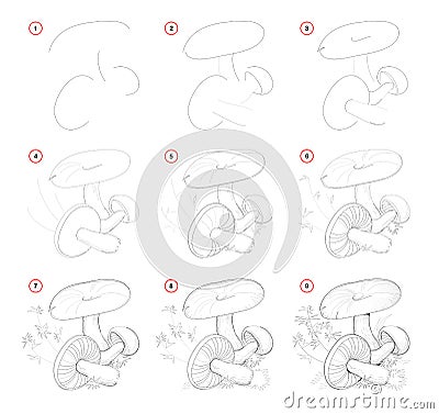 How to draw from nature sketch of group mushrooms. Creation step by step pencil drawing. Educational page for artists. Vector Illustration