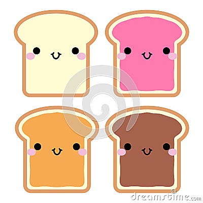 Cute toasts with chocolate, jam and peanut butter. In kawaii style with smiling face and pink cheeks. Cute cartoon toast for desi Vector Illustration