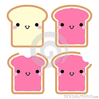 Cute cartoon toasts with jam. In kawaii style with smiling face and pink cheeks. The expression of emotions for design, art work, Vector Illustration