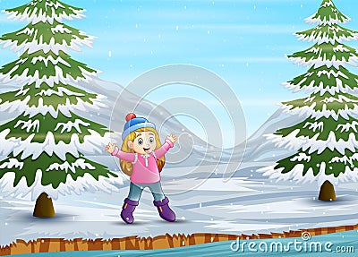 Cute girl having fun in winter landscape Vector Illustration