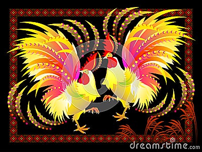 Couple of fantastic Chinese roosters with bright feathers on black background. Modern print for festival performance. Vector Illustration