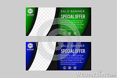Collection blue and green horizontal business banner set vector templates. Clean modern geometric abstract background layout for w Vector Illustration